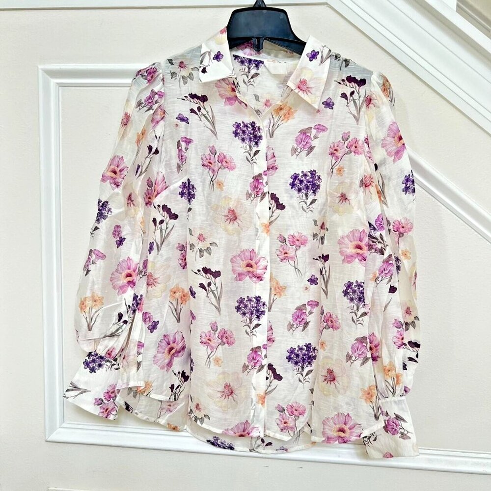 $398 NWOT Kivari Linen blend Shirt Women's Size 6 Blouse Floral Long sleeve - Picture 2 of 10